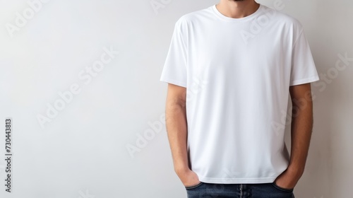 Man wearing a plain white t-shirt and jeans. For mockup. Concept of casual wear, blank design, fashion template, minimalist style, clothing mockup, basic apparel. Copy space