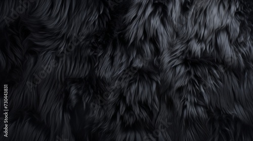 Deep black luxurious fur texture. Fur of black cat, puma, panther, fox, arctic fox, bear, wolf. Animal skin design. Concept of luxury, softness, coziness, fashion background, monochrome elegance. photo