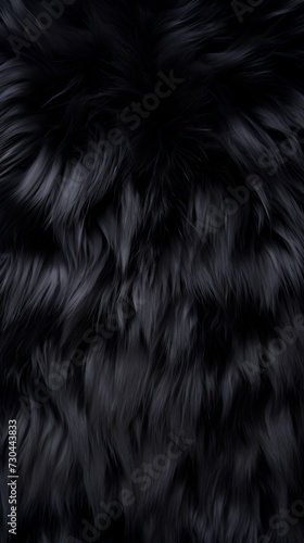 Deep black luxurious fur texture. Fur of black cat, puma, panther, fox, arctic fox, bear, wolf. Animal skin design. Concept of softness, coziness, fashion background, monochrome elegance. Vertical