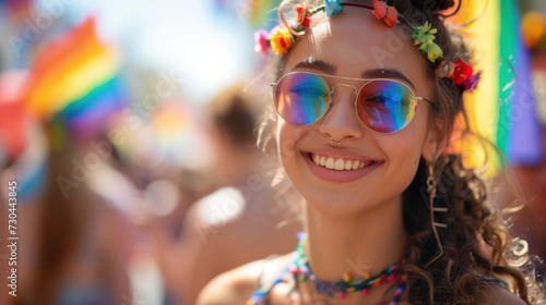 Portrait of very beautiful young spanish woman rallying for LGBTQ+ rights at a Pride month parade with diversity and rainbow flags