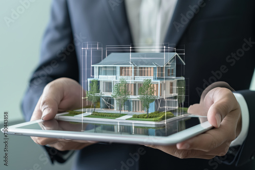 Male engineer, businessman holding a tablet with holographic images of a residential building, blueprint of a house