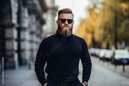 Handsome bearded man in sunglasses and a black sweater on the street.