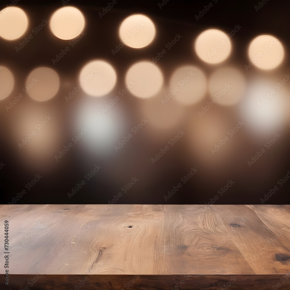 Empty wooden table with blurred lights in the background, with copy space Empty wooden table with blurred lights in the background, with copy space