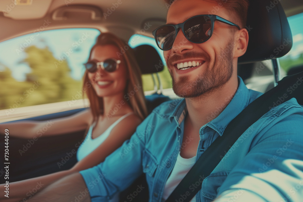 A happy couple wearing sunglasses is enjoying a sunny day while driving in their car. A happy couple wearing sunglasses is enjoying a sunny day while driving in their car.