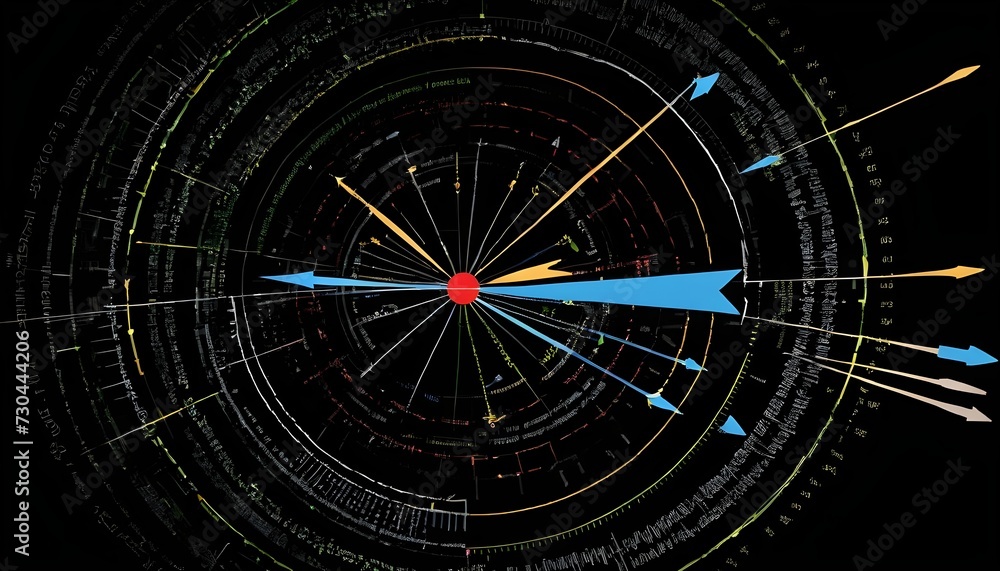 Scope and arrows image with data processing on a black background Scope and arrows image with data processing on a black background