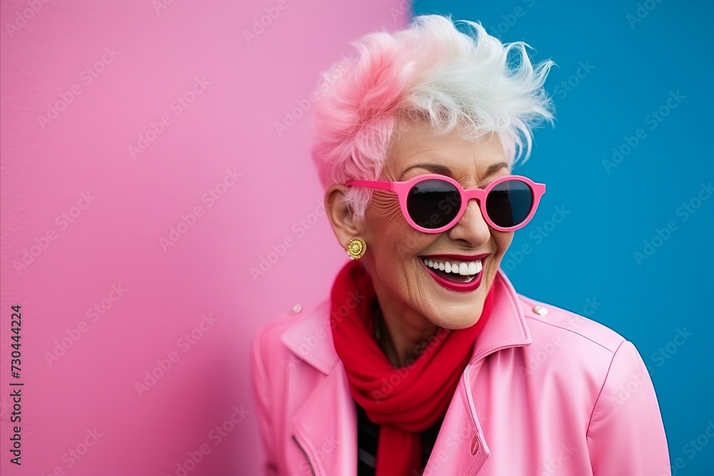 Fashionable senior woman with pink hair and sunglasses on pink and blue background