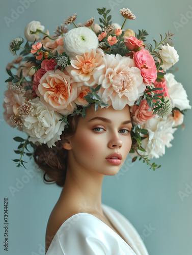Serene Feminine Woman Adorned With an Elaborate Floral Headdress Posing Indoors. Beautiful young model, her head is crowned with an intricate and vibrant arrangement of fresh, blooming flowers.