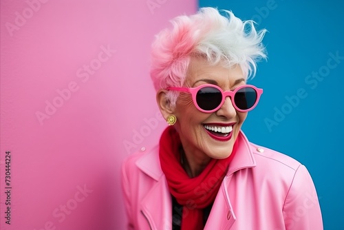 Fashionable senior woman with pink hair and sunglasses on pink and blue background