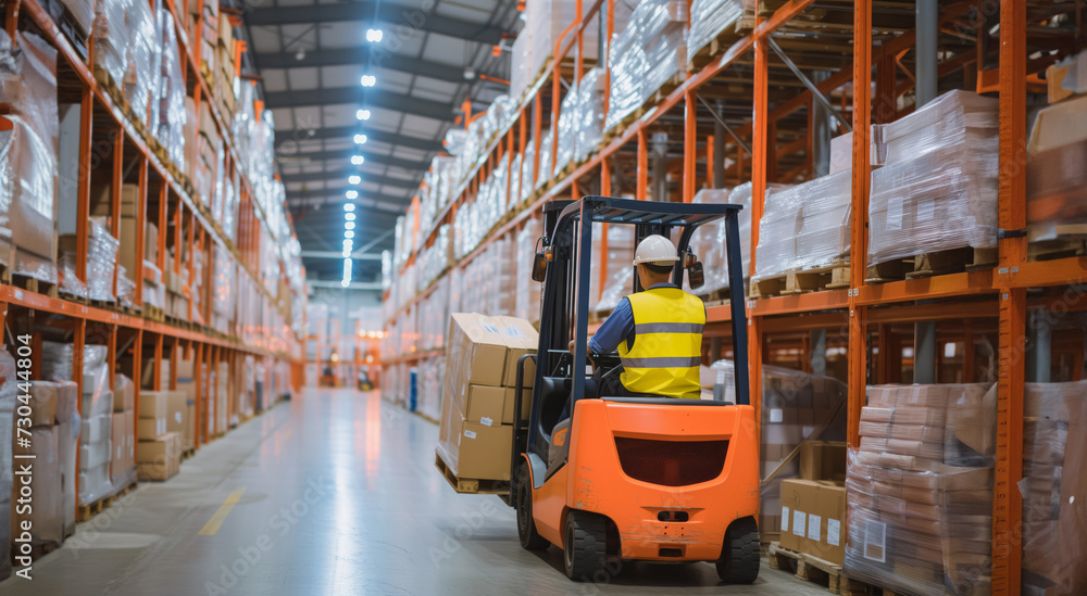 A man working on a forklift in a warehouse with a lot of boxes. A man working on a forklift in a warehouse with a lot of boxes.