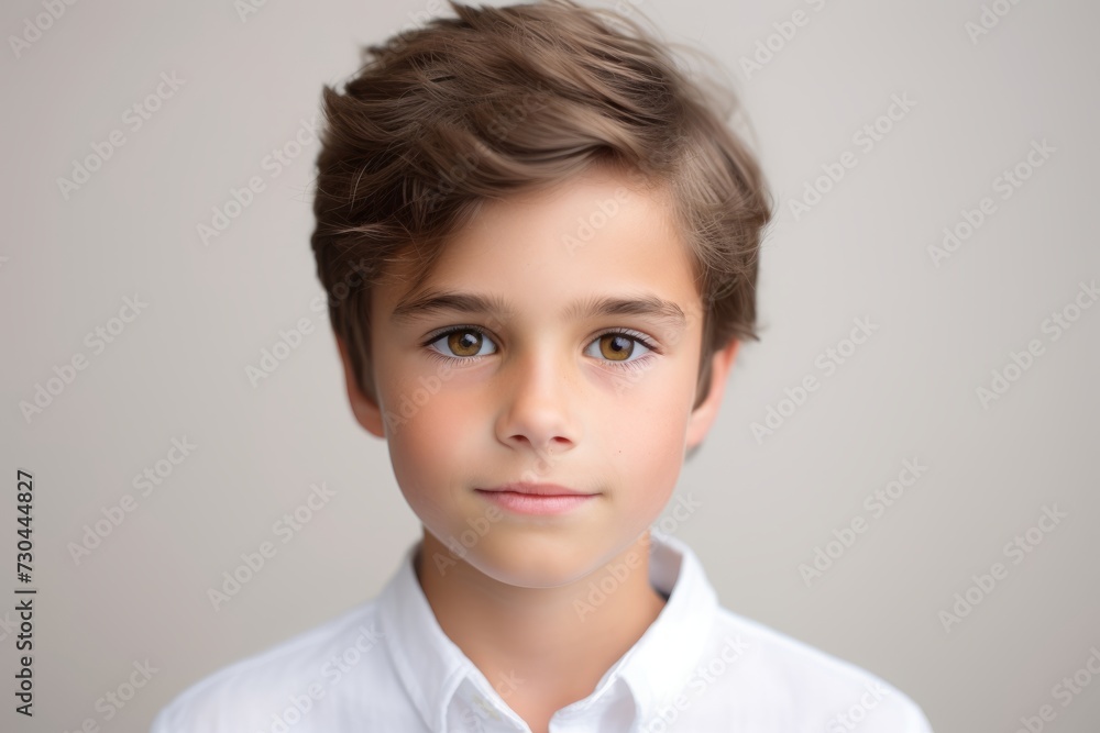Portrait of a cute little boy in a white shirt on a gray background Portrait of a cute little boy in a white shirt on a gray background