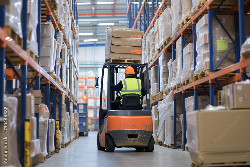 A man working on a forklift in a warehouse with a lot of boxes. A man working on a forklift in a warehouse with a lot of boxes.