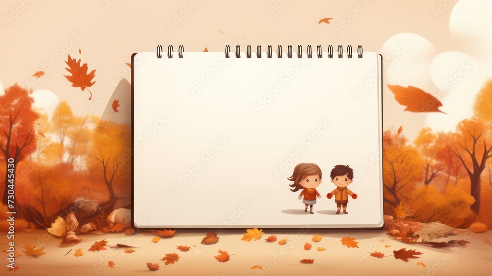 Greeting card template with autumn theme, children's illustrations, with blank copy space for text.
Greeting card template with autumn theme, children's illustrations, with blank copy space for text.