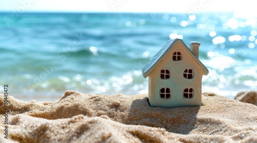 A miniature house on the sand against the backdrop of the sea or ocean. Travel vacation rental concept. Resort property photo