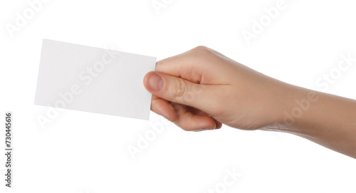 Woman holding blank business card on white background, closeup. Mockup for design © New Africa