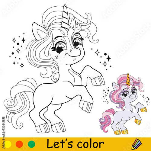 Kids coloring with cute baby unicorn vector