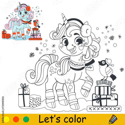 Kids coloring with Christmas unicorn and gifts