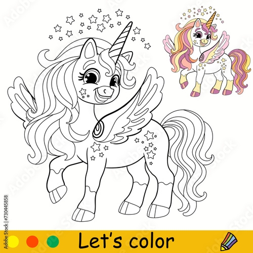 Kids coloring with pretty winged unicorn vector