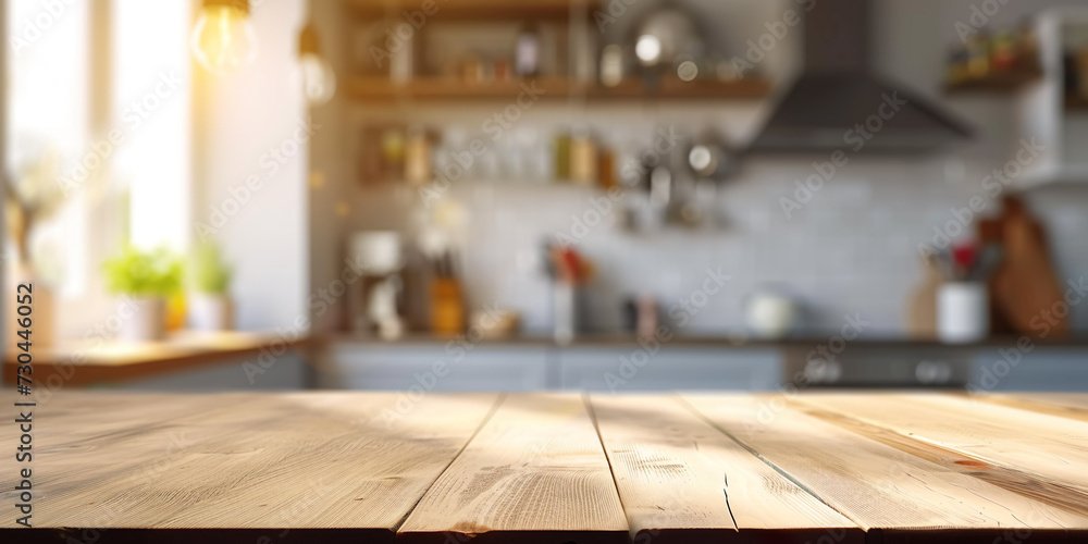 Empty wooden table with space for advertising product or brand, blurred kitchen background Empty wooden table with space for advertising product or brand, blurred kitchen background