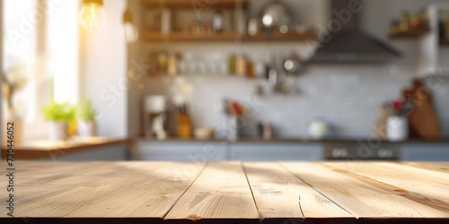 Empty wooden table with space for advertising product or brand, blurred kitchen background