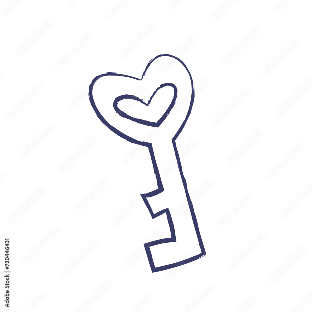 Vector Illustration of Heart Key, love symbol. Charcoal crayon hand drawn design. Isolated outline element on a white background for wedding and Valentines day concept Vector Illustration of Heart Key, love symbol. Charcoal crayon hand drawn design. Isolated outline element on a white background for wedding and Valentines day concept