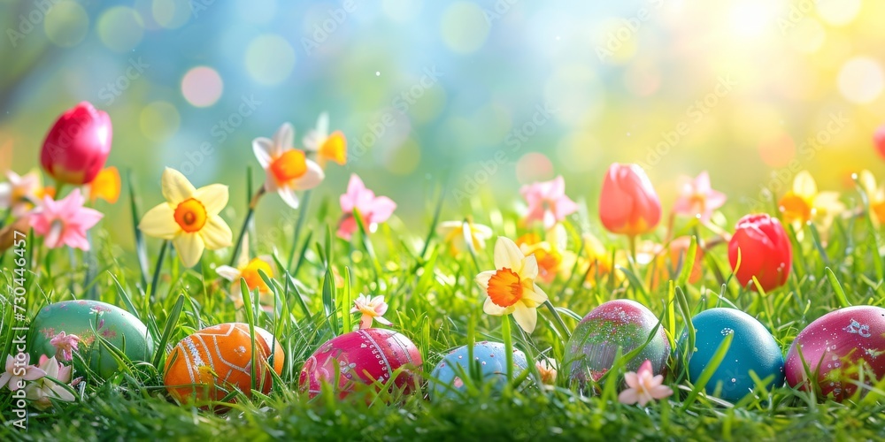 Decorated Easter eggs placed gently on a vibrant green lawn, with a background of colorful tulips and daffodils in full bloom under a sunny sky Decorated Easter eggs placed gently on a vibrant green lawn, with a background of colorful tulips and daffodils in full bloom under a sunny sky