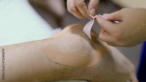 Osteopathic physician applies adhesive plaster on patients ankle. Slow motion photo