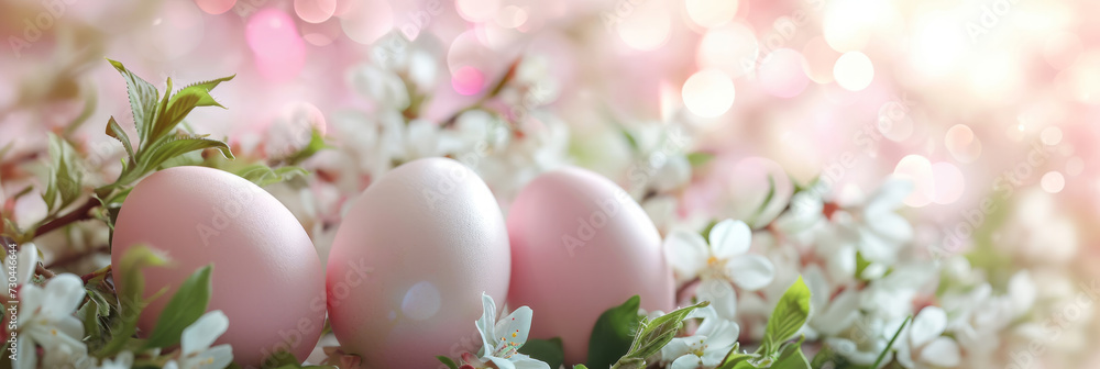 A panoramic Easter scene showcasing speckled eggs nestled among the delicate white blossoms of spring branches, bathed in the soft glow of bokeh light