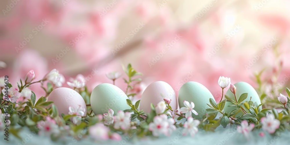 Easter-themed banner, pastel-colored eggs delicately arranged among spring greenery, backdrop of blooming cherry blossoms, soft and dreamy spring feel Easter-themed banner, pastel-colored eggs delicately arranged among spring greenery, backdrop of blooming cherry blossoms, soft and dreamy spring feel