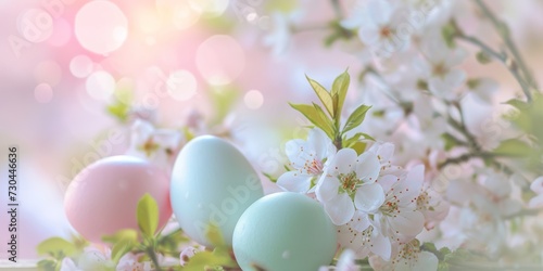 Easter-themed banner, pastel-colored eggs delicately arranged among spring greenery, backdrop of blooming cherry blossoms, soft and dreamy spring feel