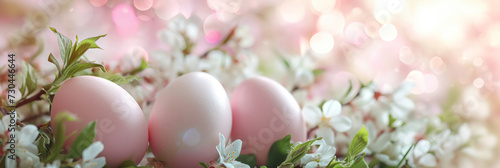 A panoramic Easter scene showcasing speckled eggs nestled among the delicate white blossoms of spring branches, bathed in the soft glow of bokeh light