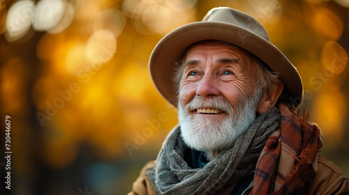 Smiling mature man enjoy view on blurred autumn background, plan life insurance at retirement concept - AI Generated