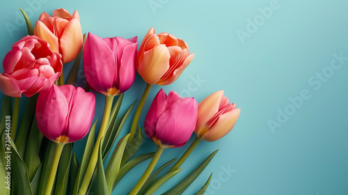 flat lay pink and orange tulip bouquet on a light blue plain background with copy space for mother's day - AI Generated #730446838
