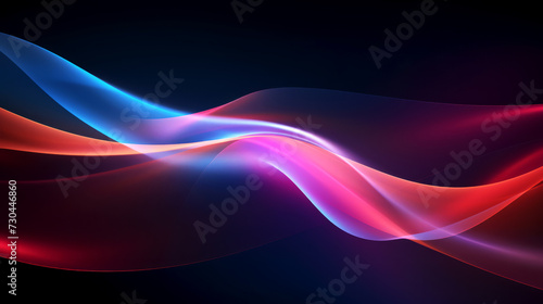 Smooth, flowing waves of light in vibrant shades of blue, pink, red against dark background, luminous bands of color intertwine and overlap, creating sense of movement and depth, modern or futuristic