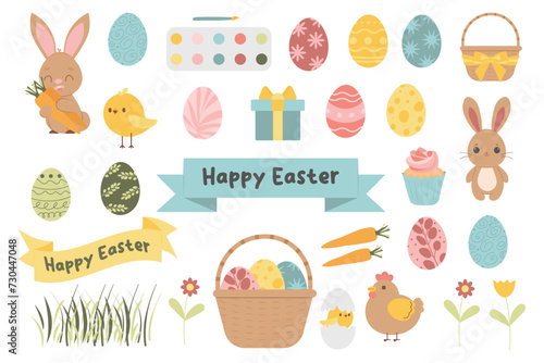 Easter spring set with cute eggs, birds, rabbits, flowers. Vector