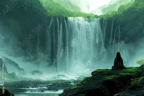 A woman meditating in front of a waterfall in the mountains, generative ai