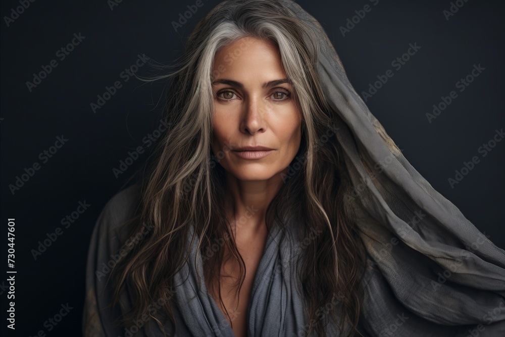 Portrait of a beautiful mature woman with long wavy hair. Portrait of a beautiful mature woman with long wavy hair.