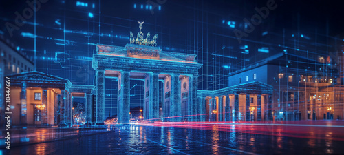 The Brandenburg Gate appears as a living hologram that elegantly blends into the background. Its majestic architecture exudes a timeless beauty. photo