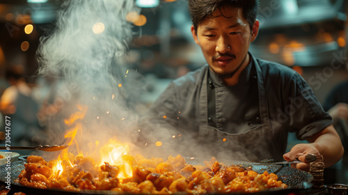 Asian chef cooking in the James Beard House, fine dining setup