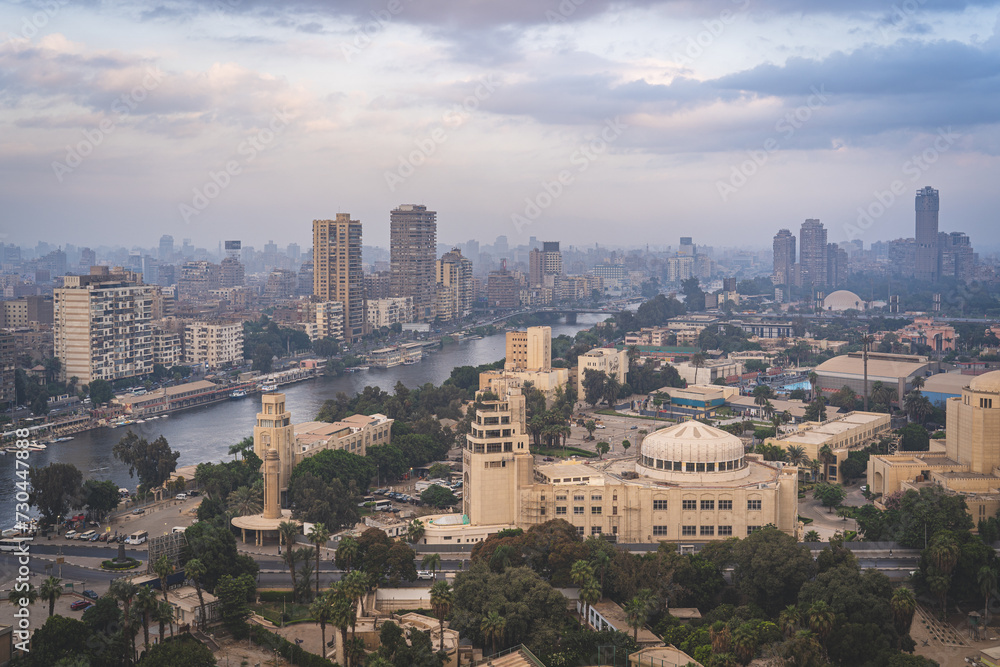 Cairo, Egypt - October 25, 2022. Views of the buildings and the Nile river in the old Cairo city