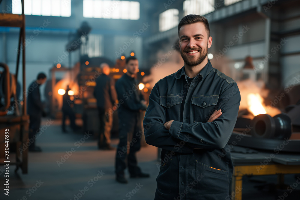 Fototapeta premium A man in work clothes smiling in the background of production in a factory with sparks and fire, Steelworkers welders foundry workers