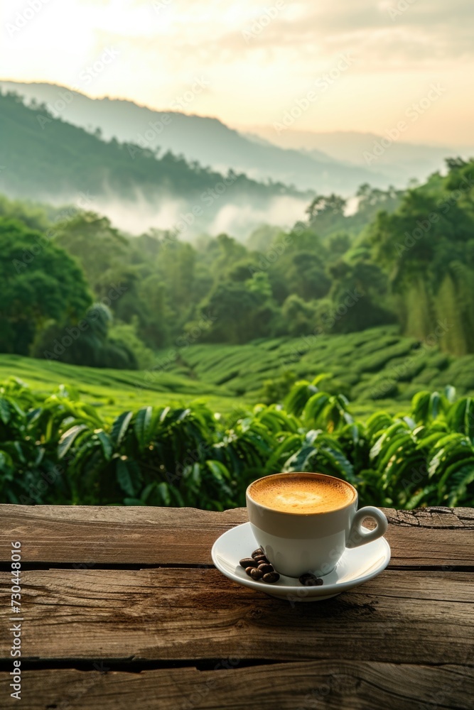 a cup of coffee with a view of the coffee field, in the style of dynamic landscapes, smokey background a cup of coffee with a view of the coffee field, in the style of dynamic landscapes, smokey background