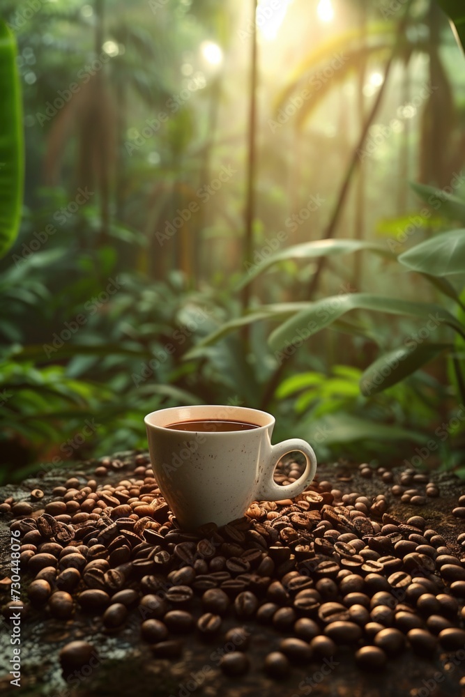 coffee cup and coffee beans over a tropical forest, in the style of hazy landscapes coffee cup and coffee beans over a tropical forest, in the style of hazy landscapes
