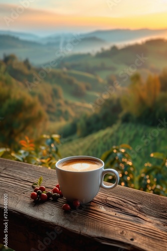 a cup of coffee with a view of the coffee field, in the style of dynamic landscapes, smokey background
