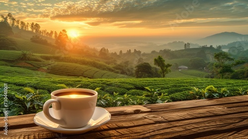 a cup of coffee with a view of the coffee field, in the style of dynamic landscapes, smokey background