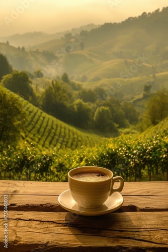 a cup of coffee with a view of the coffee field, in the style of dynamic landscapes, smokey background