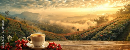 a cup of coffee with a view of the coffee field, in the style of dynamic landscapes, smokey background photo