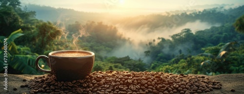 coffee cup and coffee beans over a tropical forest, in the style of hazy landscapes