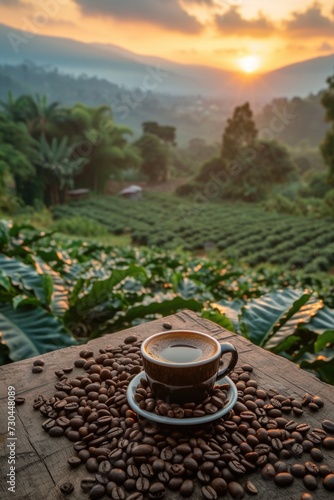 coffee near coffee beans on table of coffee crop field with sunrise, in the style of lifelike renderings