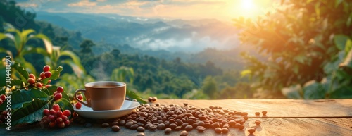 coffee near coffee beans on table of coffee crop field with sunrise, in the style of lifelike renderings