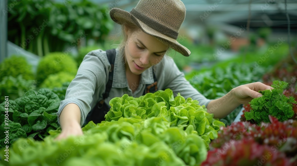 woman choosing fresh lettuce and green tomatoes in a greenhouse plant